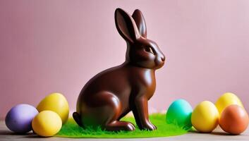 AI generated Photo Of Easter Composition With Chocolate Bunny And Colorful Easter Eggseaster Composition With Chocolate Bunny And Colorful Easter Eggs. AI Generated