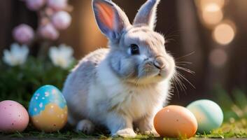 AI generated Photo Of Cute Easter Bunny With Easter Eggs. AI Generated