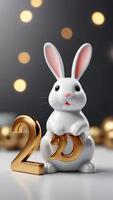 AI generated Photo Of New Year 2023 Glossy Numbers And Rabbit Figurine 3D Illustration On White Background. AI Generated