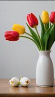 AI generated Photo Of Set Of Colorful Tulips Flowers White Tulips In A White Vase Bouquet Of Yellow Tulips Two Red Tulips In A Ceramic Vase Isolated On A White Background. AI Generated