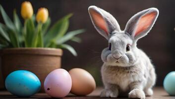 AI generated Photo Of Easter Bunny And Easter Eggs. AI Generated