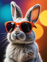 AI generated Photo Of Cool Bunny With Sunglasses On Colorful Background. AI Generated