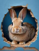 AI generated Photo Of Bunny Peeking Out Of A Hole In Blue Wall Fluffy Eared Bunny Easter Bunny Banner Rabbit Jump Out Torn Hole. AI Generated