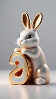 AI generated Photo Of New Year 2023 Glossy Numbers And Rabbit Figurine 3D Illustration On White Background. AI Generated