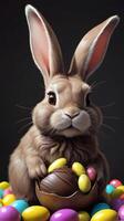AI generated Photo Of Easter Bunny With Chocolate Eggs And Candy In The Est. AI Generated
