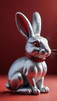 AI generated Photo Of A Shiny Silver Rabbit Figurine Sitting On Top Of A Red Surface Next To A Red Object In The Shape Of A Rabbit. AI Generated