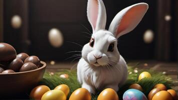 AI generated Photo Of Easter Bunny With Chocolate Eggs In The Est. AI Generated
