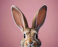 ai generado foto de Conejo orejas palo fuera en un rosado antecedentes. ai generado