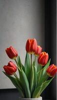 ai generado foto de resumen composición de hormigón accesorios y tulipanes ai generado