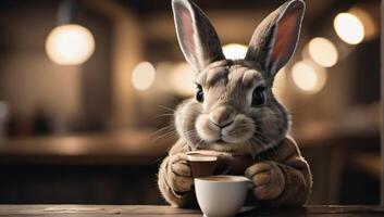 AI generated Photo Of Grungy Noise Texture Art Happy Rabbit Drinking Coffee. AI Generated