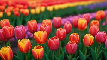 AI generated Photo Of Closeup Colorful Tulip Flower Field Top View Spring Season Happy Easter. AI Generated