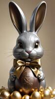 AI generated Photo Of Easter Chocolate Bunny Wrapped In Silver With A Gold Bow And Chocolate Eggs Wrapped In Gold On A Light Gold Background Easter Holiday Concept Text. AI Generated