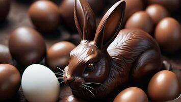 AI generated Photo Of Chocolate Easter Bunny And Eggs Selective Focus. AI Generated
