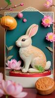 AI generated Photo Of Charming Midautumn Festival Card With A Playful Rabbit And Ornate Mooncakes On A Backdrop Of Lotus Blossoms In Soft Pastels. AI Generated