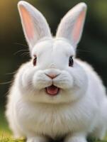 ai generado foto de linda animal mascota Conejo o conejito blanco color sonriente y riendo aislado con Pascua de Resurrección antecedentes. ai generado