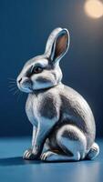 AI generated Photo Of A Shiny Silver Bunny Rabbit Figurine Sitting On A Blue Surface With Its Head Turned Away From The Camera. AI Generated