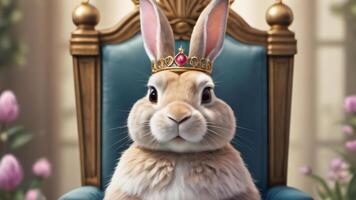 AI generated Photo Of An Illustration Of An Easter Bunny A Crown And Sitting On A Throne Rendered In Watercolor Style. AI Generated