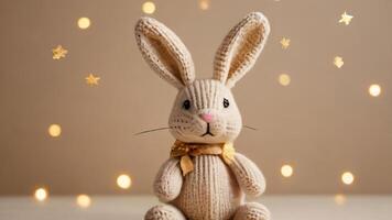 AI generated Photo Of Banner Withknitted Bunny And Gold Stars On Isolated Pastel Beige Background With. AI Generated