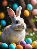 AI generated Photo Of Happy Easter Bunny With Many Colorful Easter Eggs. AI Generated