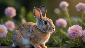 AI generated Photo Of Rabbit And Flowers. AI Generated