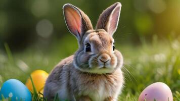 AI generated Photo Of A Small Cheerful Easter Bunny Sits On A Green Meadow With Easter Eggs. AI Generated