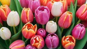 AI generated Photo Of Colorful Spring Floral Background Tulips On A White Background. AI Generated