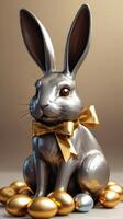 AI generated Photo Of Easter Chocolate Bunny Wrapped In Silver With A Gold Bow And Chocolate Eggs Wrapped In Gold On A Light Gold Background Easter Holiday Concept Text. AI Generated