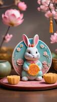 AI generated Photo Of Charming Midautumn Festival Card With A Playful Rabbit And Ornate Mooncakes On A Backdrop Of Lotus Blossoms In Soft Pastels. AI Generated