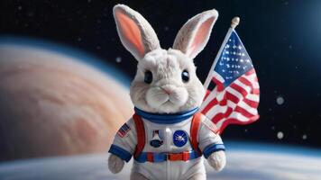 AI generated Photo Of Bunny In Space Adorable Stuffed Explorer Conquers New Heights With An American Flag. AI Generated