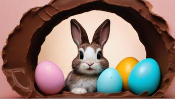 ai generado foto de Pascua de Resurrección conejito echar un vistazo fuera de un agujero con chocolate Pascua de Resurrección huevos en pastel pared bandera. ai generado