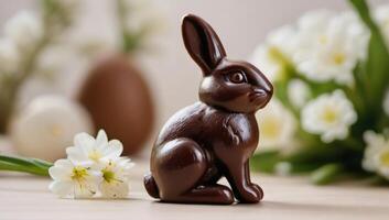 AI generated Photo Of A Chocolate Bunny Figurine Sitting Next To An Easter Egg On A Table With White Flowers In The Background. AI Generated