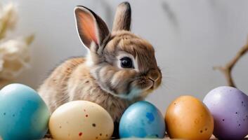 ai generado foto de acuarela pintura de un linda bebé conejito participación un Pascua de Resurrección huevos en un blanco antecedentes. ai generado