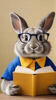 AI generated Photo Of Cute Fluffy Rabbit In A Blue Shirt Holds A Book In His Paws And Looks Directly At The Camera Through White Glasses On An Isolated Yellow Banner Background. AI Generated