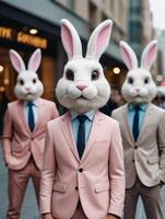 ai generado foto de resumen moderno grupo de Pascua de Resurrección conejito vestido en pie y posando como un humano en ciudad centrar de moda moderno los hipsters animales en Moda trajes ilustración. ai generado