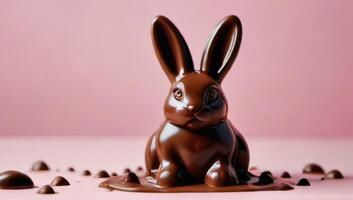 AI generated Photo Of Melted Chocolate Easter Bunny On Pastel Pink Background. AI Generated