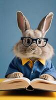 AI generated Photo Of Cute Fluffy Rabbit In A Blue Shirt Holds A Book In His Paws And Looks Directly At The Camera Through White Glasses On An Isolated Yellow Banner Background. AI Generated