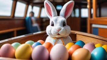 ai generado foto de un Pascua de Resurrección conejito rodeado por Pascua de Resurrección huevos en un bote. ai generado