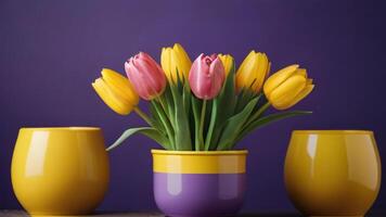 ai generado foto de hermosa tulipán flores en amarillo maceta lata en púrpura antecedentes. ai generado