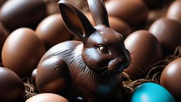 AI generated Photo Of Chocolate Easter Bunny And Eggs Selective Focus. AI Generated