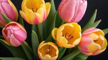 AI generated Photo Of Set Of Pink And Yellow Tulips Flowers Bouquet Of Pink And Yellow Tulips Pink Tulip Close Up Isolated On A White Background. AI Generated