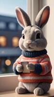 AI generated Photo Of 3D Render Of A Cute Rabbit In A Sweater In Front Of A Window And Using A Smartphone. AI Generated