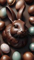 AI generated Photo Of Chocolate Easter Bunny And Eggs. AI Generated