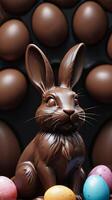 AI generated Photo Of Chocolate Easter Bunny And Eggs Selective Focus. AI Generated