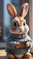 ai generado foto de 3d hacer de un linda Conejo en un suéter en frente de un ventana y utilizando un teléfono inteligente ai generado