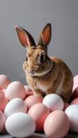AI generated Photo Of A Rabbit Sitting In Front Of A Pile Of Pink And White Eggs In Front Of A Gray And White Background. AI Generated