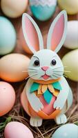 AI generated Photo Of Easter Bunny With Easter Eggs Paper Cut Outs In Pastel Colours. AI Generated