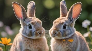 AI generated Photo Of Watercolor Rabbits Happy With Flower. AI Generated