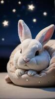 AI generated Photo Of A Cute And Adorable Bunny Is Sleeping Under Night Sky Between Stars Pillow Aig16. AI Generated