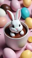 AI generated Photo Of Minimalist Easter Postcard With Sweet Hot Chocolate Marshmallow Bunny Rabbits And Pastel Easter Eggs. AI Generated