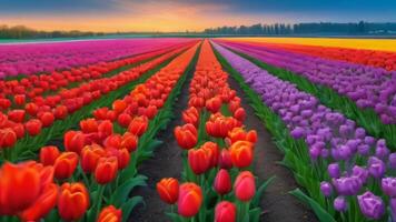 ai generado foto de vibrante tulipán campo en primavera filas de vistoso flores natural belleza. ai generado